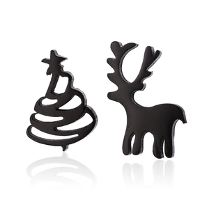 Matte black stainless steel Christmas tree and reindeer stud earrings set with reflections