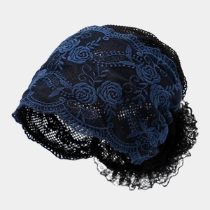 Navy blue rose lace pullover beanie with breathable mesh and retro hollow design