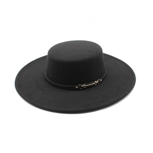 Elegant black wool felt flat top hat featuring a thin PU leather band and gold buckle