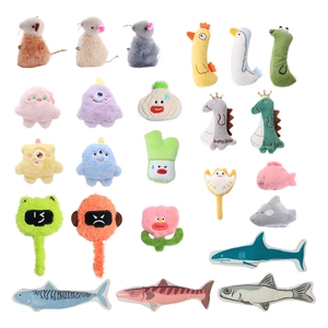 Collection of 21 plush cat toys with catnip including fish birds and mice on white background