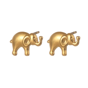 Minimalist 18K gold plated elephant stud earrings in stainless steel on white background