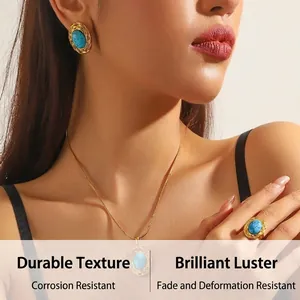 Close-up of vintage gold turquoise jewelry set including necklace, earrings and ring on model