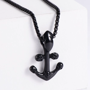 Gothic anchor pendant necklace in black stainless steel featuring detailed skull carvings