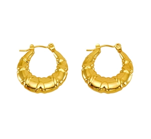 Detail of 18K gold-plated titanium steel hoop earrings with textured grooved design