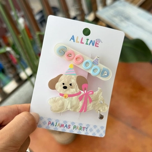 Detail of cute acrylic dog and GOOOOD letter hair clips with pastel party theme patterns