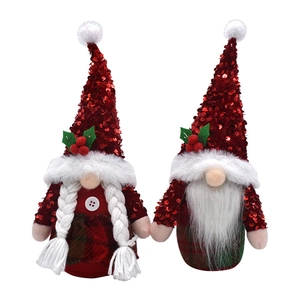 Lot de deux gnomes de Noël à paillettes rouge et vert avec détails de houx festifs