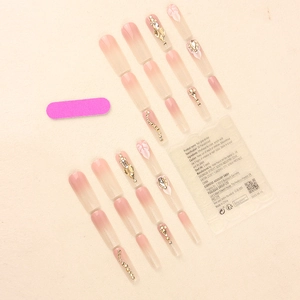 Pink gradient French press-on nails with floral rhinestones and leaf decor, 24 pieces set