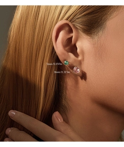 Close-up of 5mm green and 8mm pink fireworks cut silver stud earrings on model