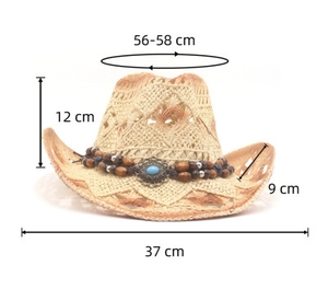 Detail of western straw cowboy hat with turquoise gemstone and beaded trim decoration