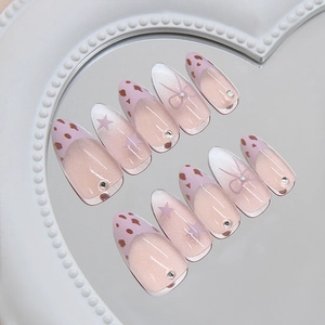 Handgemaakte Kattenoog Roze Luipaardprint Kunstnagels Met Strik Sterren Strass Zoete INS Stijl Lange Amandel Nepnagels Voor Dames