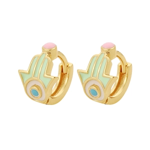 Hamsa hand gold hoop earrings with colorful enamel devil's eye charms for women
