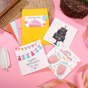 Colorful birthday greeting cards with envelopes featuring festive cake and balloon designs