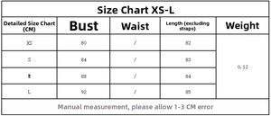Detailed size chart for polka dot camisole top showing measurements in centimeters