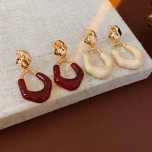Vintage Geometric Oval Resin Dangle Earrings For Women With Hammered Gold Alloy And 925 Sterling Silver Earring Post