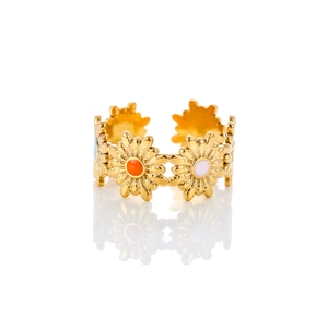 Gold stainless steel daisy ring with colorful enamel flowers and adjustable open band