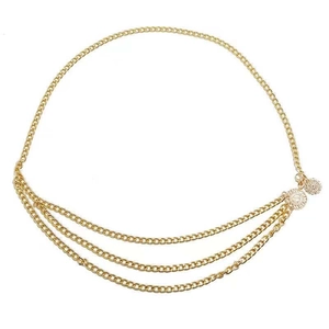 Minimalist gold multi-layer metal waist chain with sunburst round pendants and lobster clasp