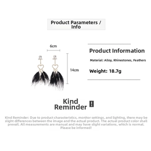 Macro shot of heart earrings with black feather tassels and rhinestone dimensions