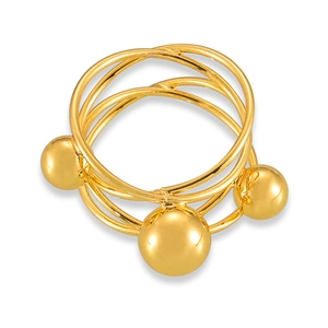 French retro gold-plated multi-layer titanium steel ring with triple beads on white background