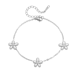 Elegant stainless steel silver flower bracelet for women with three white floral charms
