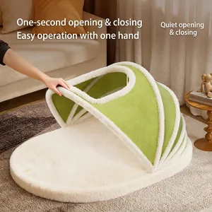 Cama para gatos plegable verde semicerrada con forro de felpa y cojín suave y cálido