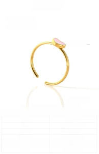 Close-up of pink enamel heart on a gold adjustable stainless steel thin ring band