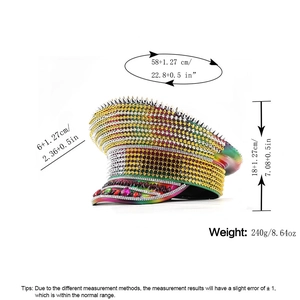 Detailed size chart of the rainbow rhinestone captain hat with dimensions and weight