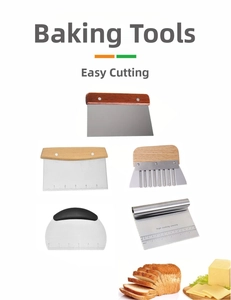 Various dough scrapers with wooden and plastic handles showing precise measurement scales