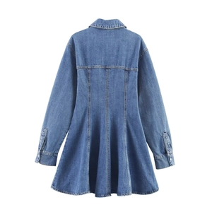 Back view of a long-sleeved denim dress with lapel collar and pleated flared hemline