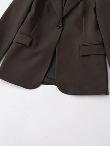 Detail of slim-fit blazer showing classic lapel, single-breasted button, and flap pocket