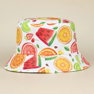 Women's outdoor sun hat with vibrant fruit prints and reversible canvas bucket hat design