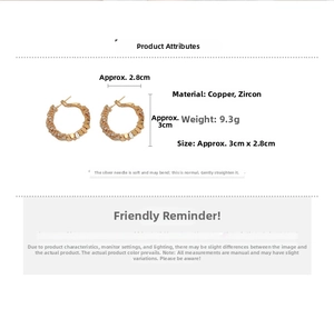 Detailed spec sheet showing gold hoop earrings with zircon inlays and silver needles