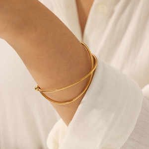 Minimalist Geometric Cross Line Open Cuff Bracelet 18K Gold Plated Stainless Steel Adjustable Jewelry For Women