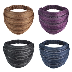 Elastic wide headbands in brown, purple, black, and blue with textured raw edges