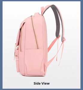 Side view showing breathable mesh shoulder straps and spacious pockets of pink backpack