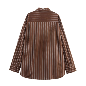 Detailed back view of brown striped long sleeve shirt with curved hem and pleat detail