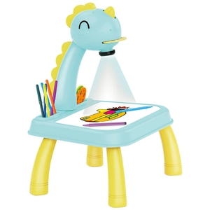 Kids dinosaur projection drawing table with yellow legs and blue dinosaur projector head