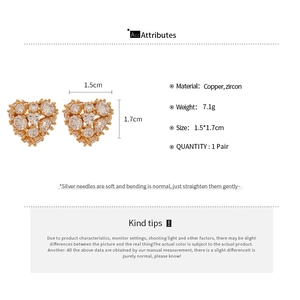 Detailed size specifications and material chart for heart zircon stud earrings