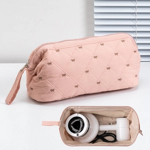Pink quilted travel storage bag for hair dryer with large capacity and embroidery
