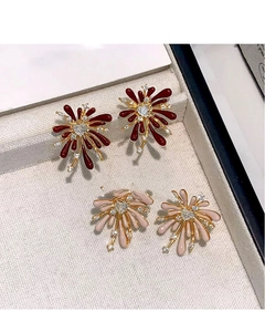 Detailed view of red and pink firework earrings with heart zircon in a jewelry box