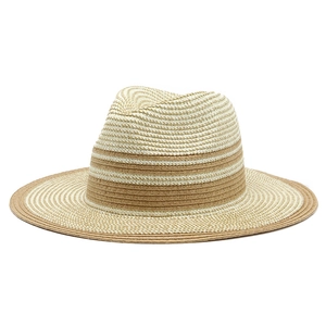 Detailed weave pattern of two-tone striped straw panama hat for sun protection
