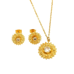 Golden sunflower jewelry set featuring a pendant necklace and stud earrings with crystals