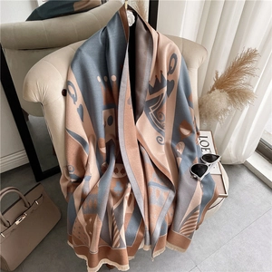 Women Thick Warm Winter Scarf Poker Card Pattern Tassel Shawl Imitation Cashmere Polyester Viscose Soft Wrap