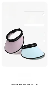 Detail of wide brim sun visors in lavender and blue with UPF50+ UV protection