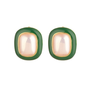 French vintage green enamel earrings with pink imitation pearls and gold trim on white