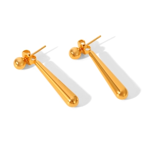 Polished 18k gold plated stainless steel long teardrop earrings on a white background