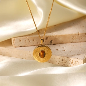 Vintage Round Texture Stainless Steel Pendant Necklace With Tiger Eye Stone Inlay French Retro Style Jewelry For Women