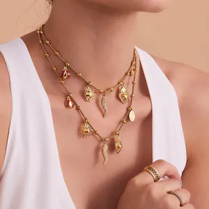 18K Gold Plated Stainless Steel Pendant Necklace With Ladybug Sun Heart Cornicello Zircon Charms For Women Vintage Jewelry