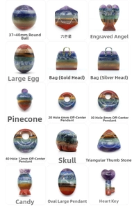 Macro display of assorted 7 chakra stones in various hand-carved geometric shapes