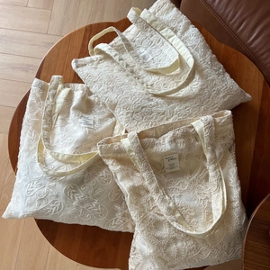 Close-up of three beige lace embroidered tote bags with floral patterns on wooden tray