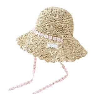 Summer wide brim straw hat with pink floral lace trim for beach sun protection
